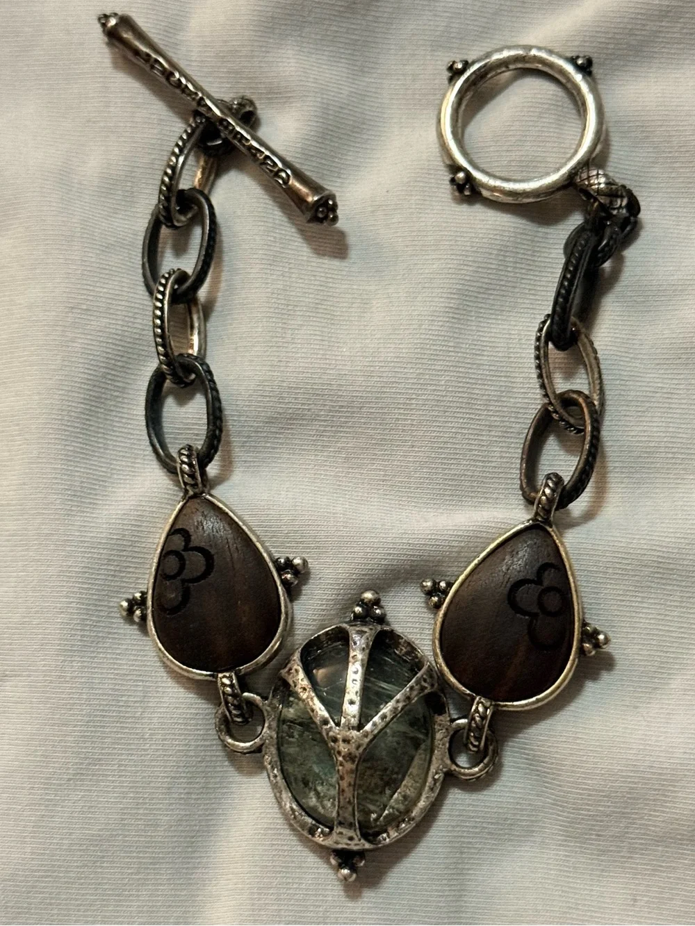 Lucky Brand Silver Tone Dual Side Floral Toggle Chain Bracelet, Signed, Metal
